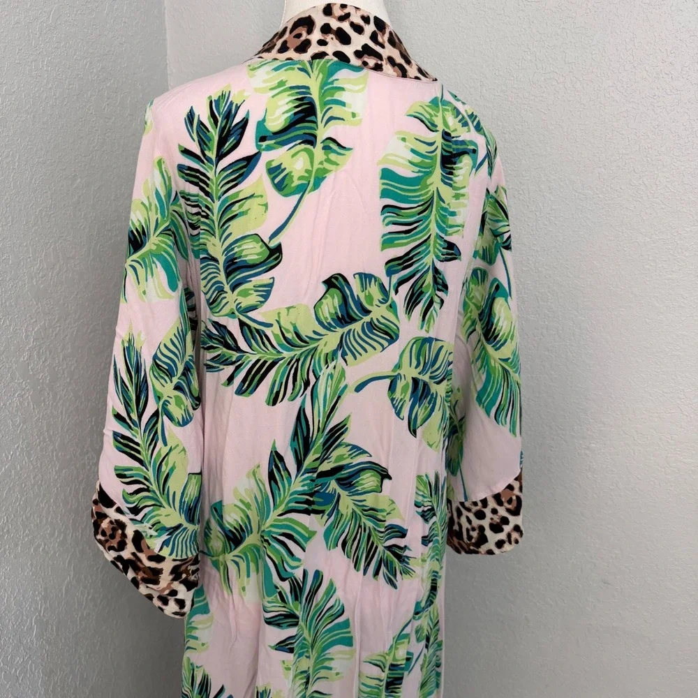 Venus Tropical Palm & Leopard Print Longline Kimono Duster Pink‎ Green Small